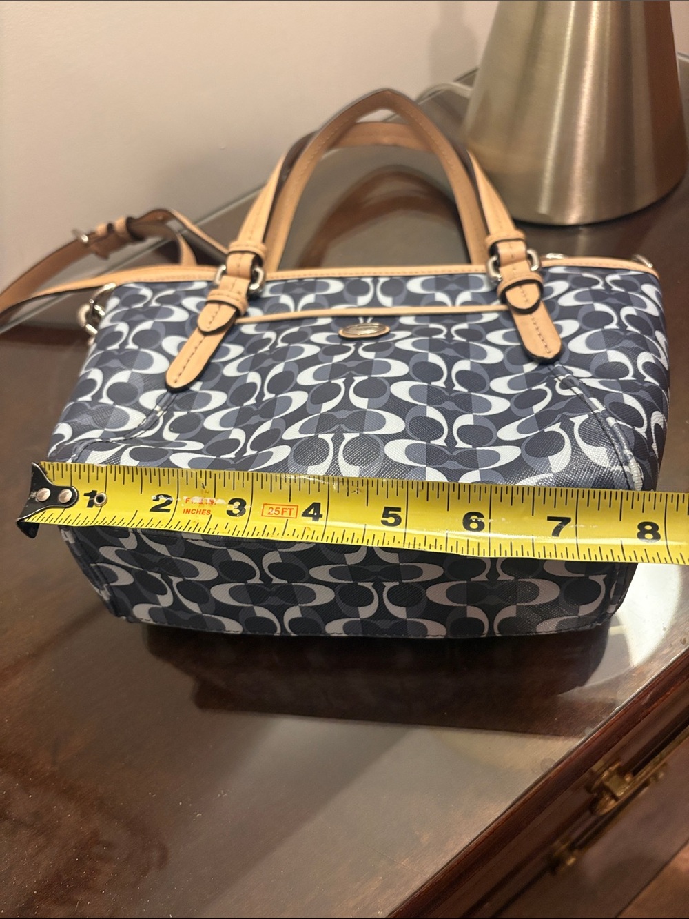 Coach Navy and Black Signature Small Tote with Tan Leather Trim - Picture 15 of 16